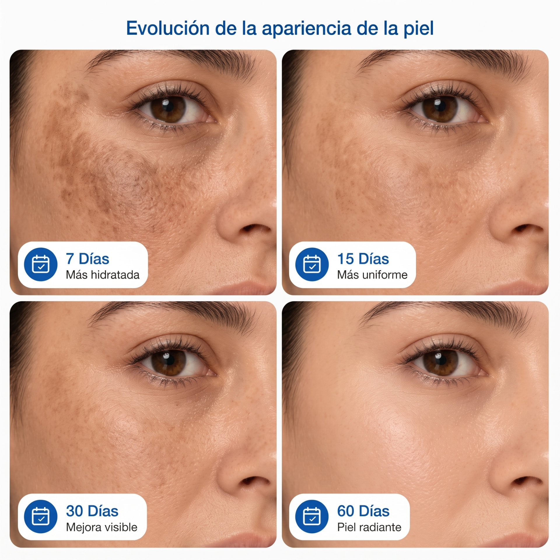 Evolución de la apariencia de la piel a los 7, 15, 30 y 60 días